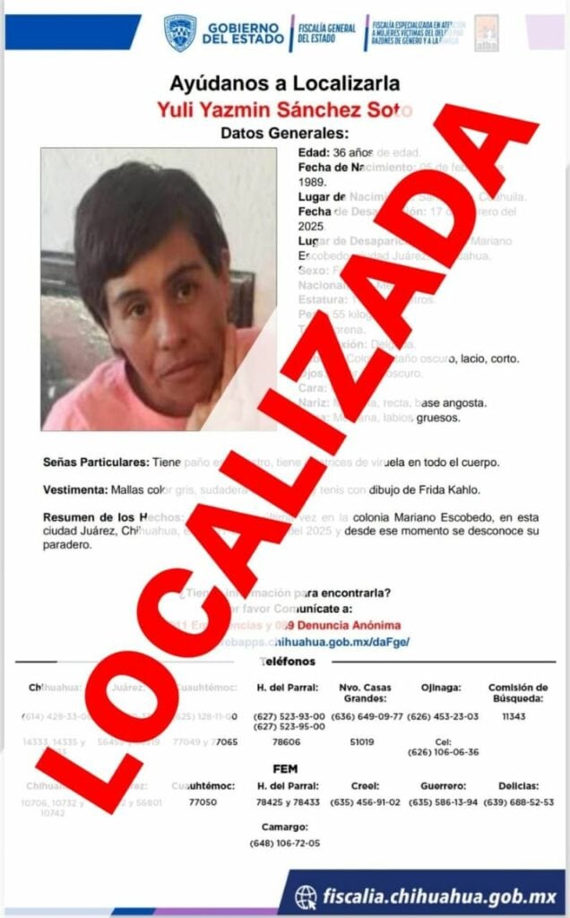 Localiza FEM Zona Norte sana y salva a mujer con reporte de ausencia en Ciudad Juárez