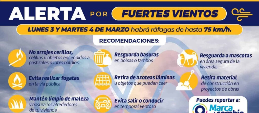 Alerta municipio por ráfagas de vientos de hasta 75 km/h  para este 3 y 4 de marzo