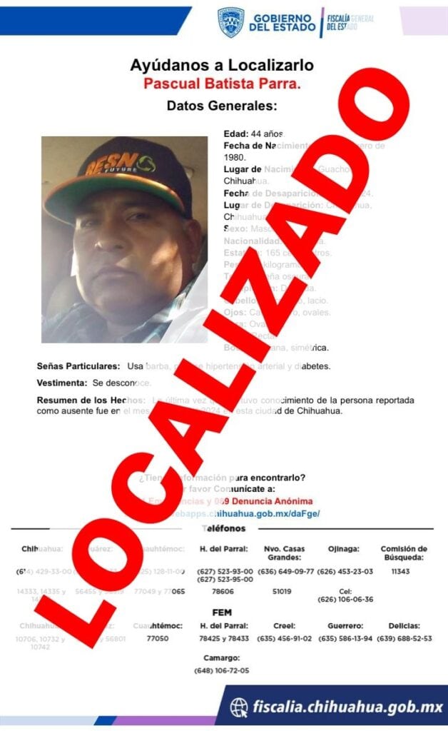 Localiza Fiscalía a masculino con reporte de ausencia interpuesto en Camargo