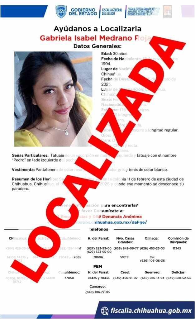 Localiza FEM a mujer con reporte de ausencia en Chihuahua