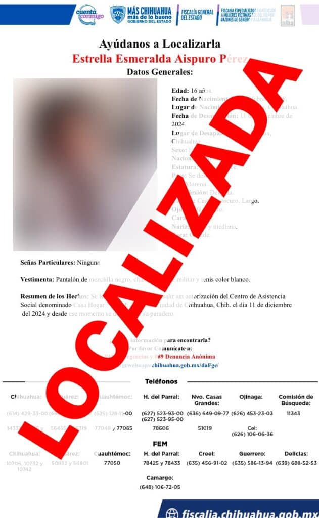 Localiza FEM a adolescente con reporte de ausencia en Chihuahua
