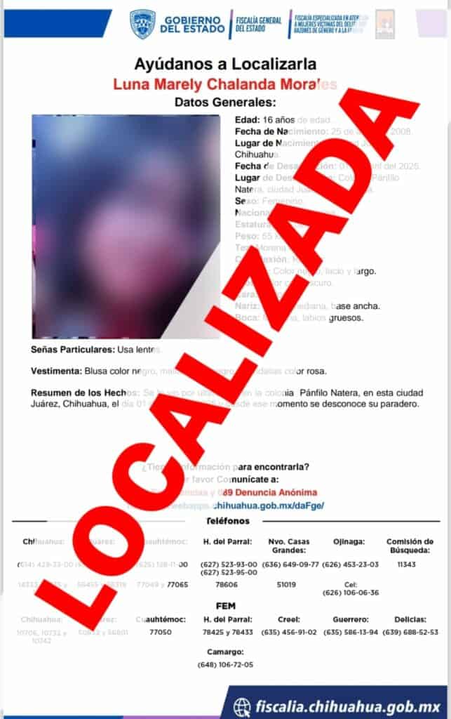 Encuentra FEM sana y salva a la adolescente Luna Mariely reportada en Ciudad Juárez