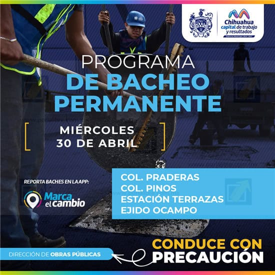 Estas zonas bacheará Municipio este 30 de abril