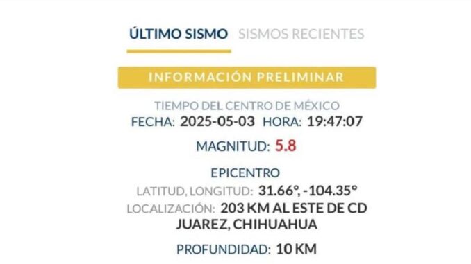 Sismo de magnitud 5.8 sacude zona este de Ciudad Juárez; se percibe en áreas residenciales