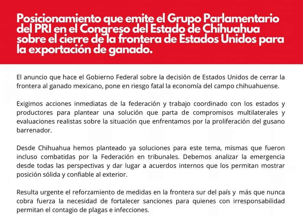 Emite el GPPRI sobre el cierre de la frontera de EEUU para la exportación de ganado