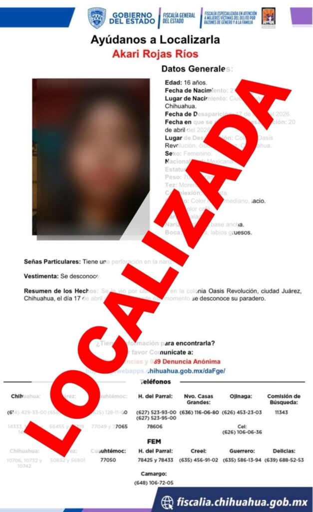 Localizan sana y salva a adolescente reportado como ausente – Fiscalía General del Estado de Chihuahua