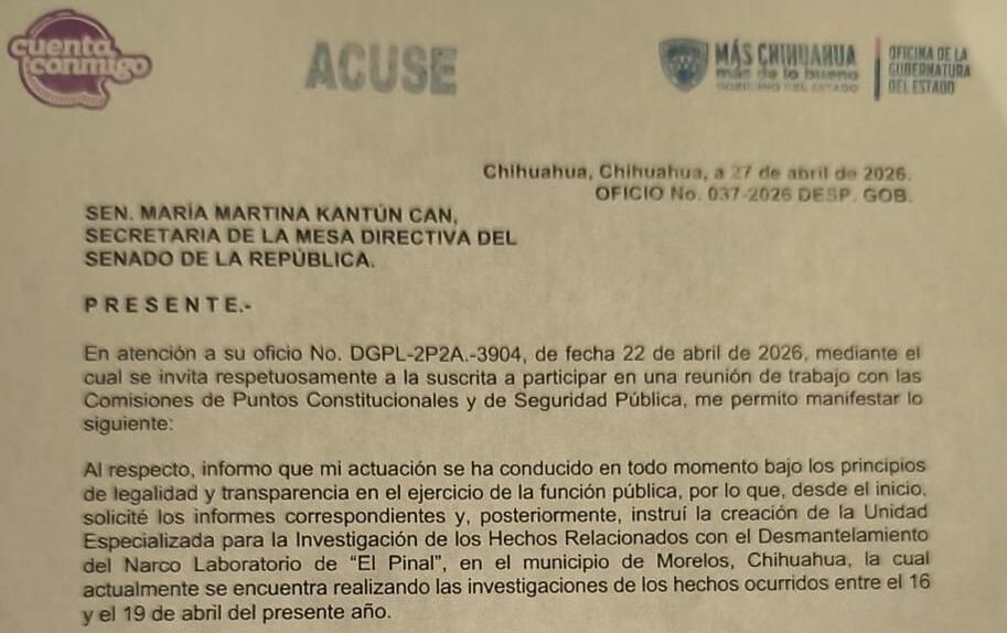 Maru Campos declina participar en reunión de trabajo en el Senado para no comprometer investigaciones en curso