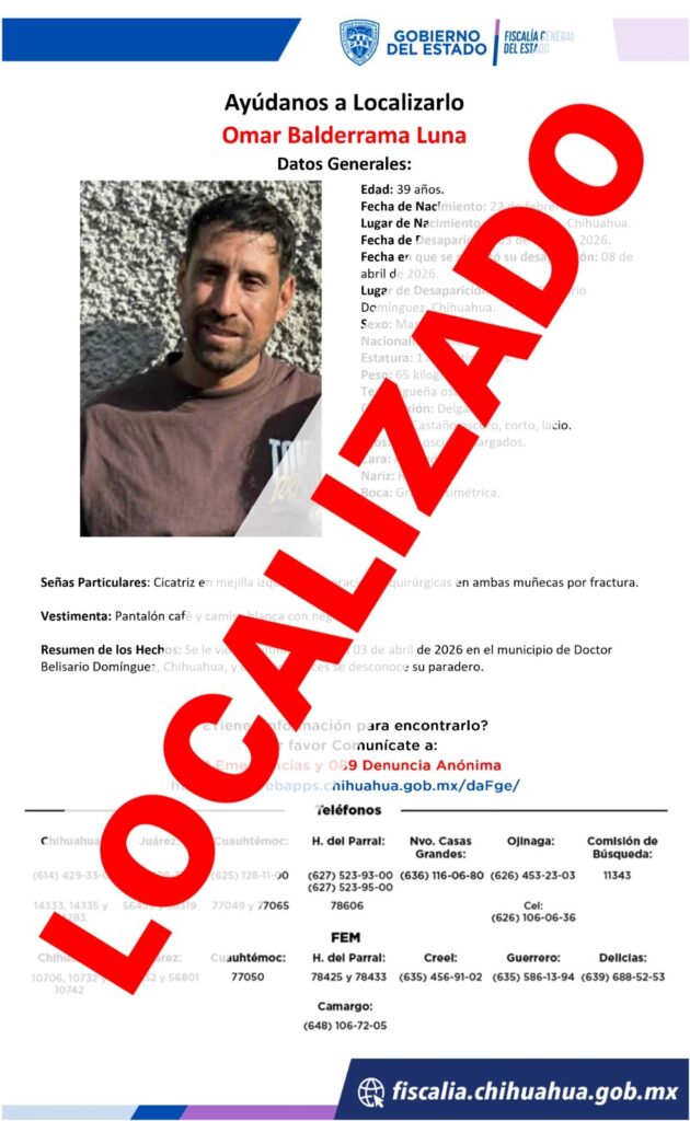 Localiza FGE en Belisario Domínguez a hombre con reporte de ausencia en Parral