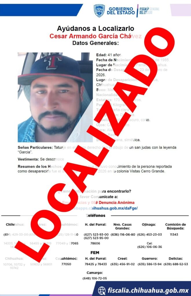 Localiza Fiscalía a masculino con reporte de ausencia en la ciudad de Chihuahua