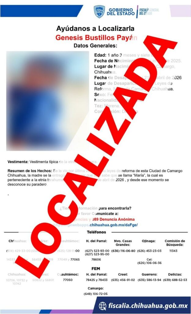 Localiza Fiscalía a bebé con reporte de ausencia en la ciudad de Camargo