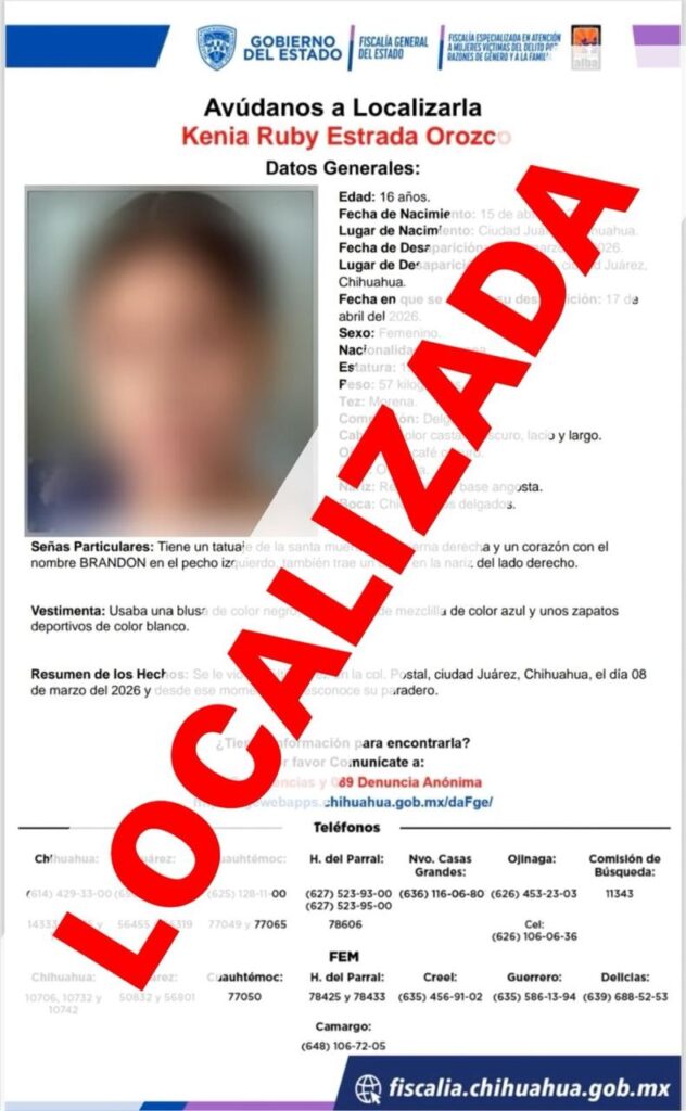 Localizan sana y salva a adolescente con reporte de ausencia – Fiscalía General del Estado de Chihuahua