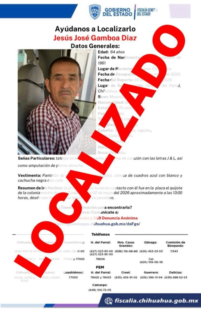 Localizan en Durango a masculino con reporte de ausencia en Parral