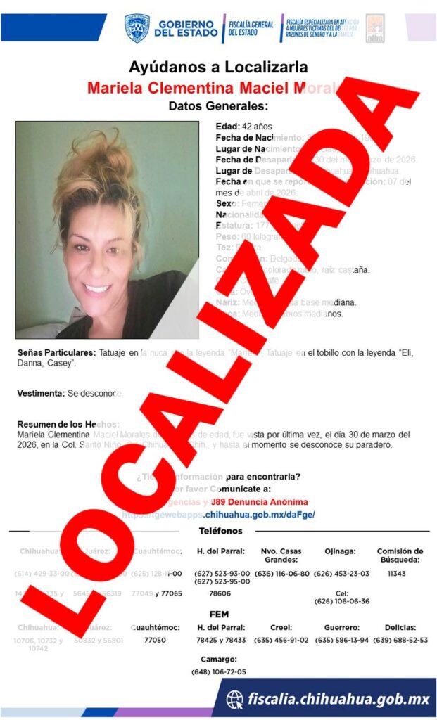 Localiza FEM en Ciudad Juárez a mujer con reporte de ausencia interpuesto en la ciudad de Chihuahua – Fiscalía General del Estado de Chihuahua