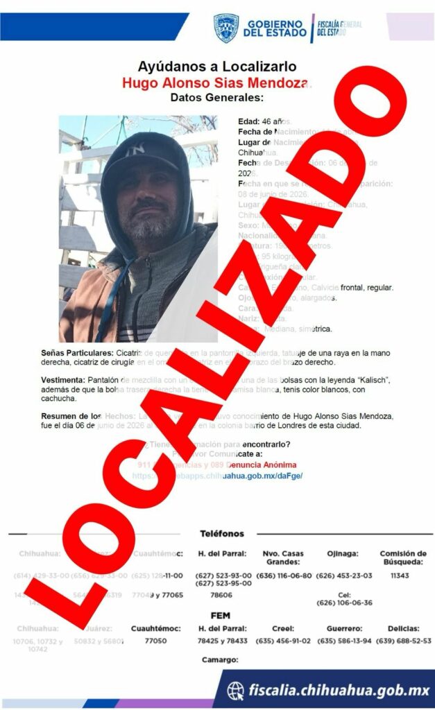 Localiza FDZC a masculino con reporte de ausencia en la ciudad de Chihuahua