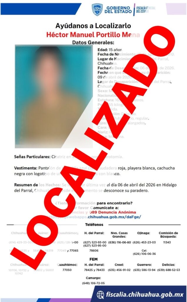 Localiza FGE en Balleza a menor de edad con reporte de ausencia en Parral