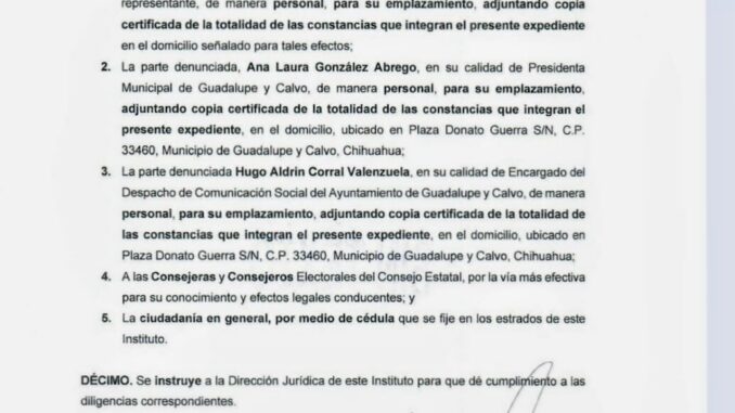 IEE admite denuncia presentada por el PRI Chihuahua contra alcaldesa de Guadalupe y Calvo por violaciones a la ley electoral
