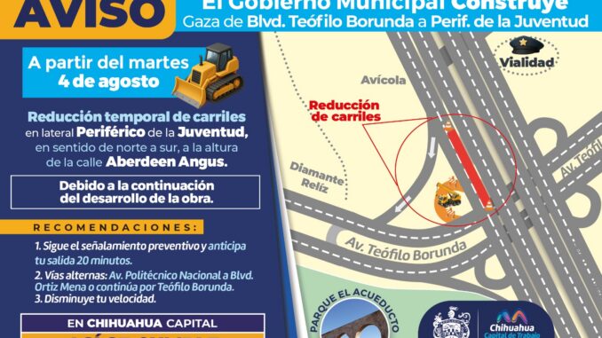 ¡Recuerda! Se reducirán carriles en la lateral del periférico de la Juventud por construcción de Gaza de Incorporación