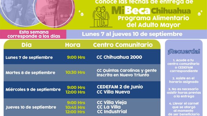Conoce las fechas de entrega del programa alimentario Mi Beca Chihuahua para personas adultas mayores