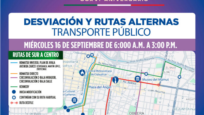 Anuncia Subsecretaría de Transporte modificaciones en rutas con motivo del desfile del 16 de septiembre
