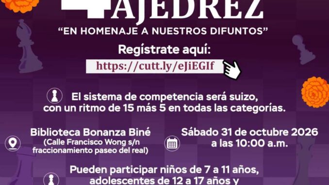 Invitan a participar en el Cuarto Torneo de Ajedrez 2026